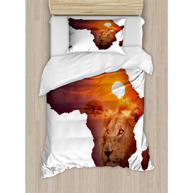 Lion and African Map Sunset Duvet Cover Set