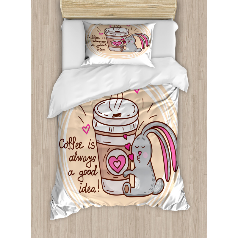 Coffee Lover Rabbit Words Duvet Cover Set