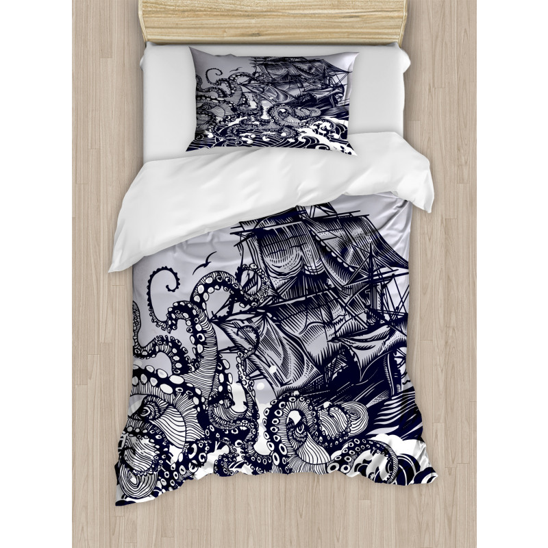 Octopus and Ship in Storm Duvet Cover Set