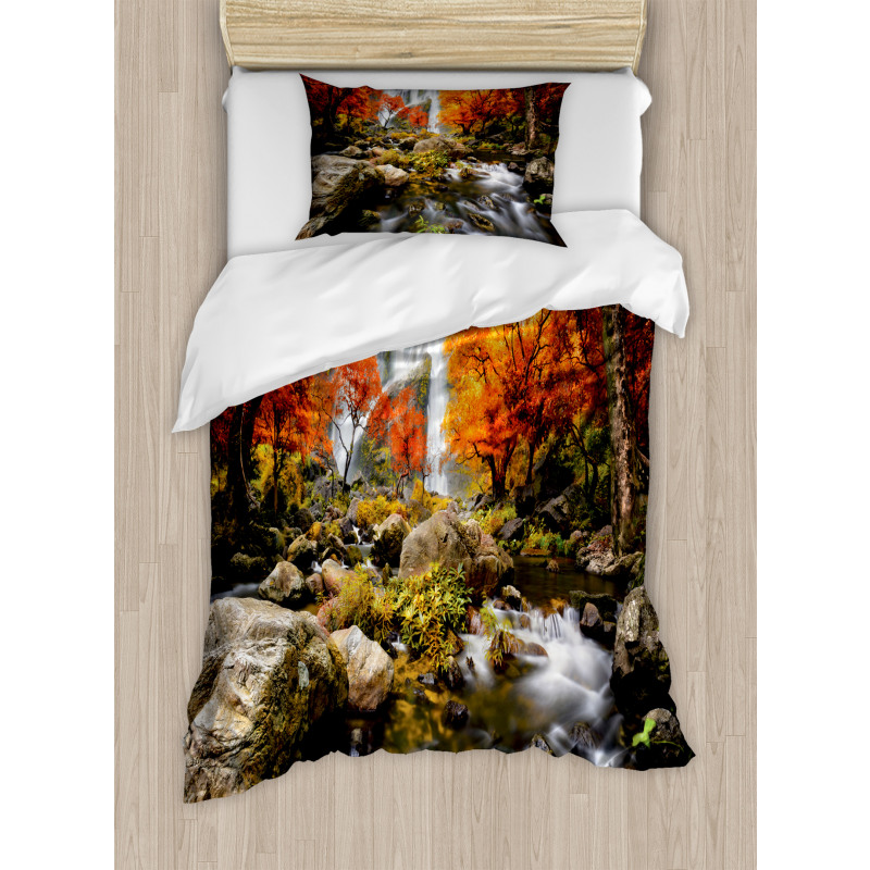 Autumn River Stream on Rocks Duvet Cover Set