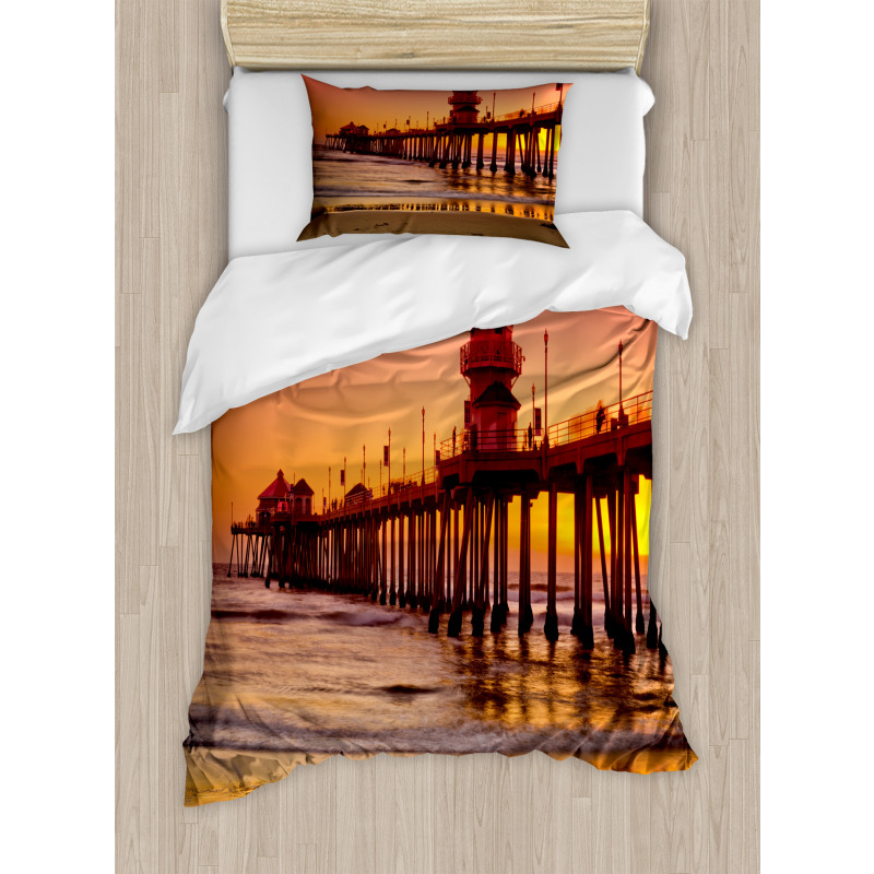 Huntington Beach Pier Sunset Duvet Cover Set