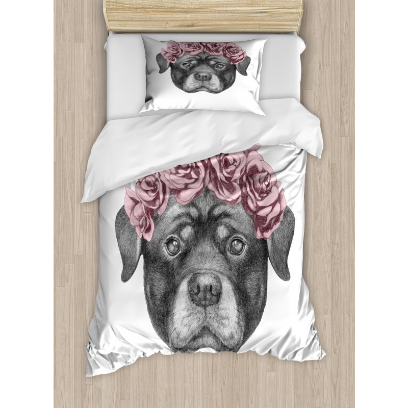 Portrait of Dog in Roses Duvet Cover Set