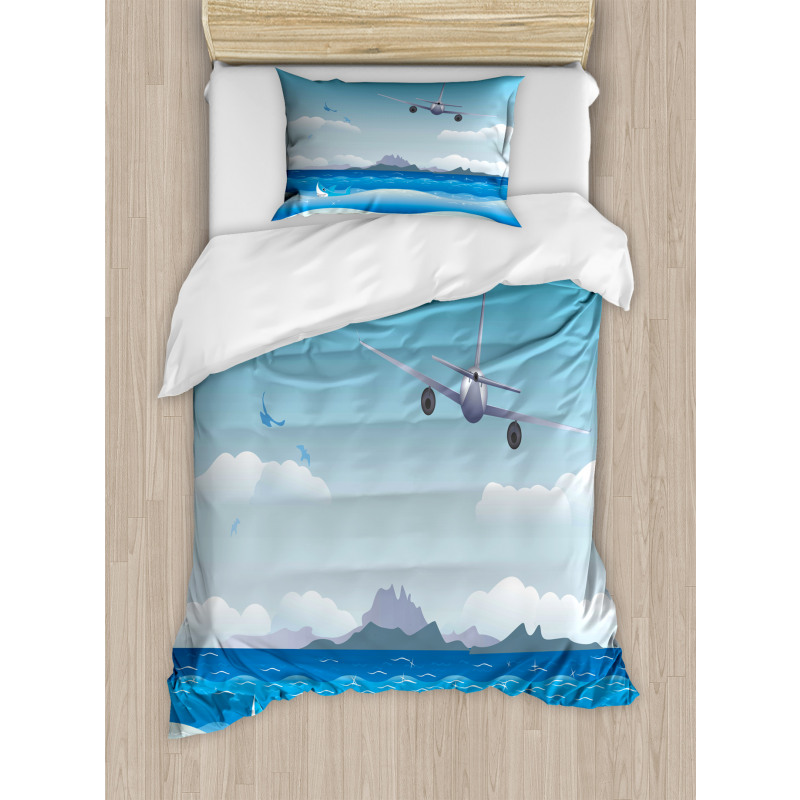 Plane Fly on Sea and Shark Duvet Cover Set