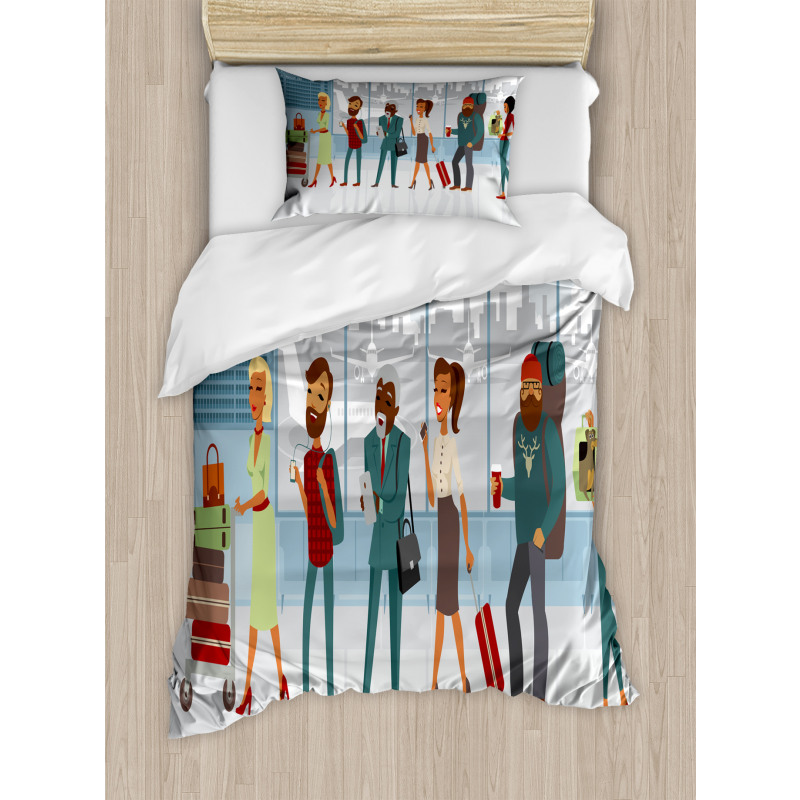 People at Line with Luggage Duvet Cover Set