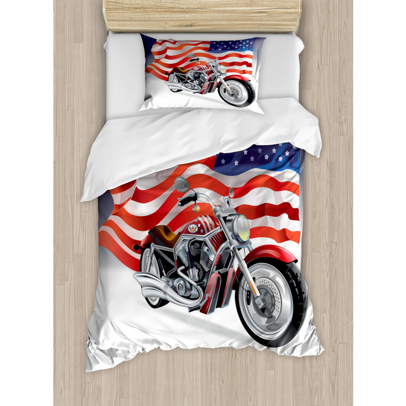 Motorbike and US Flag Duvet Cover Set