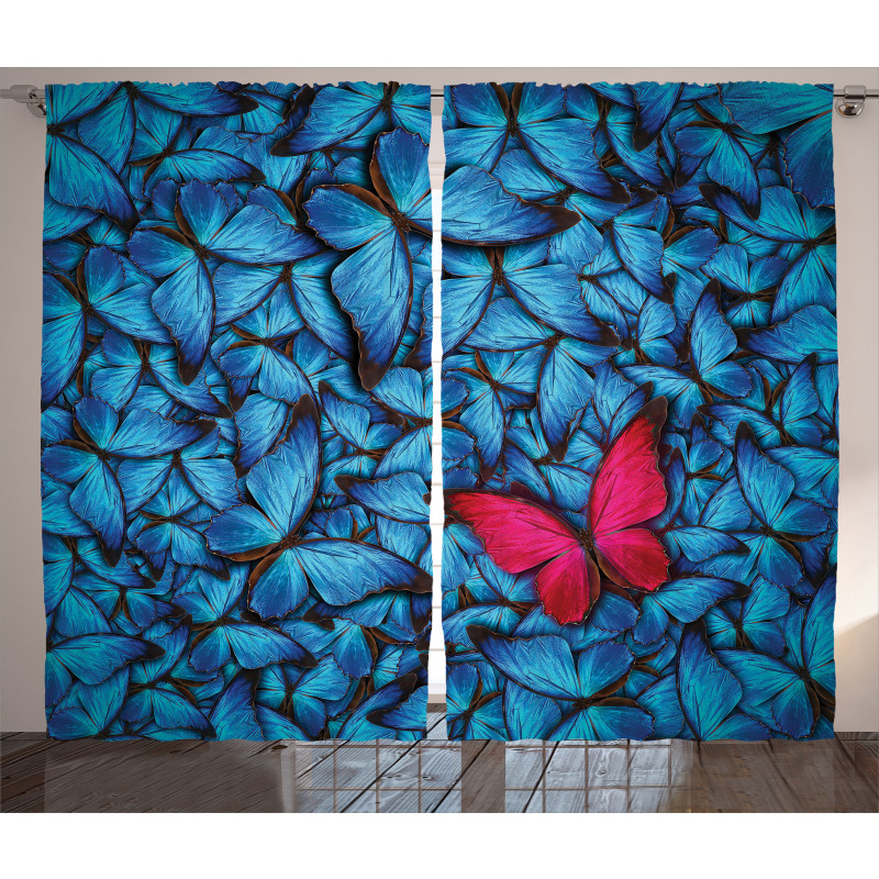 Kelebek ve Yusufçuk Perde Mavi ve Kırmızı Desenli