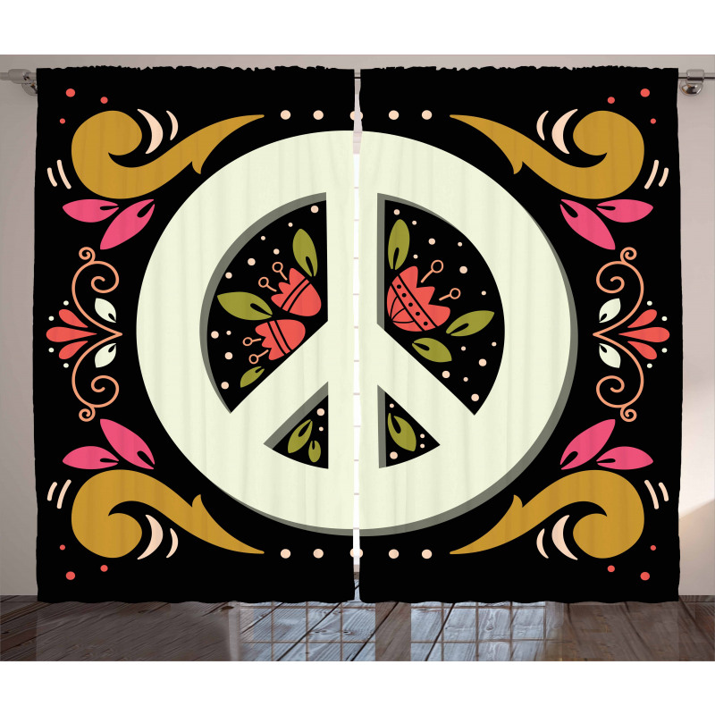 Sanat Perde Siyah Zeminde Çiçeklerle Çevrili Barış İmgesi