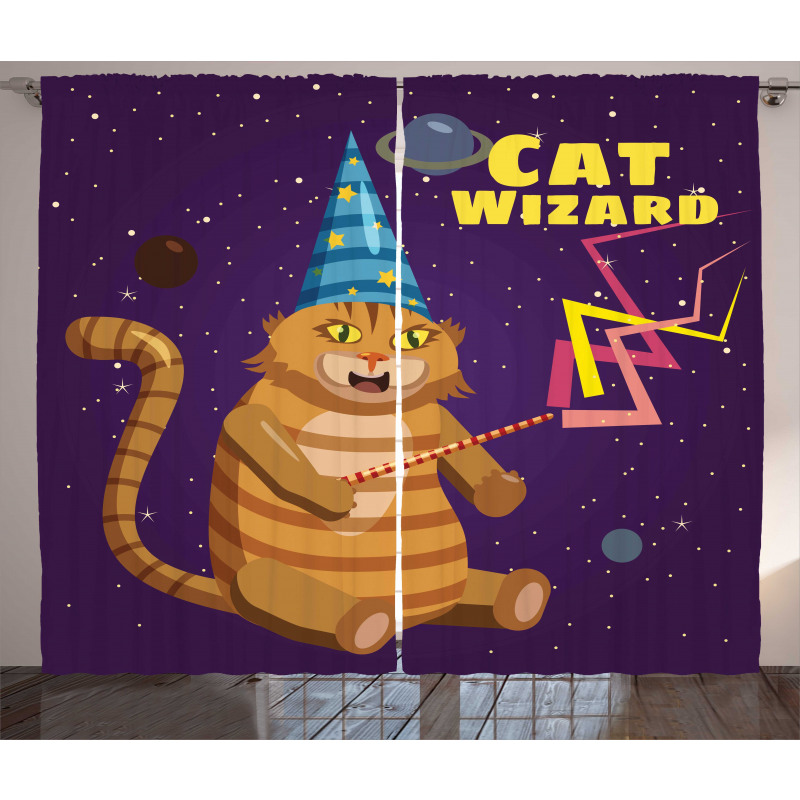 Cat Wizard Funny Cartoon Curtain