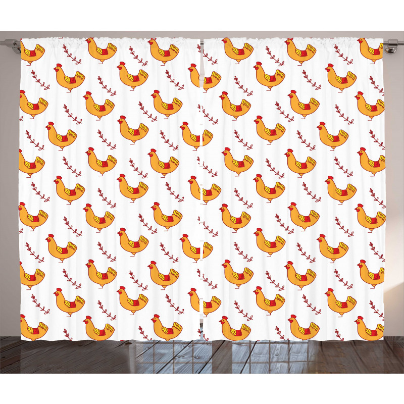 Doodle Chickens and Branches Curtain