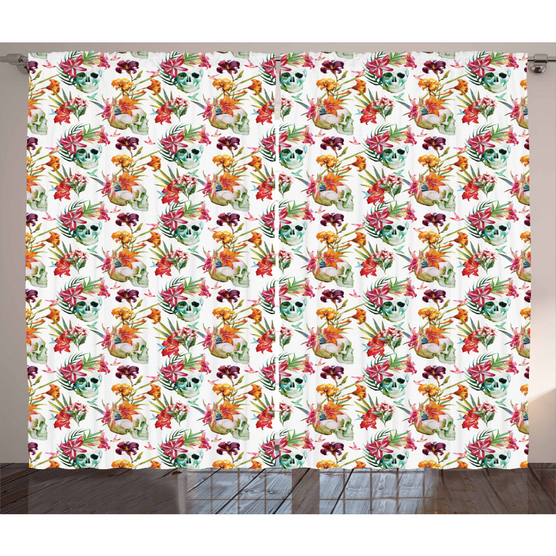 Lilies Blossoms Skull Curtain