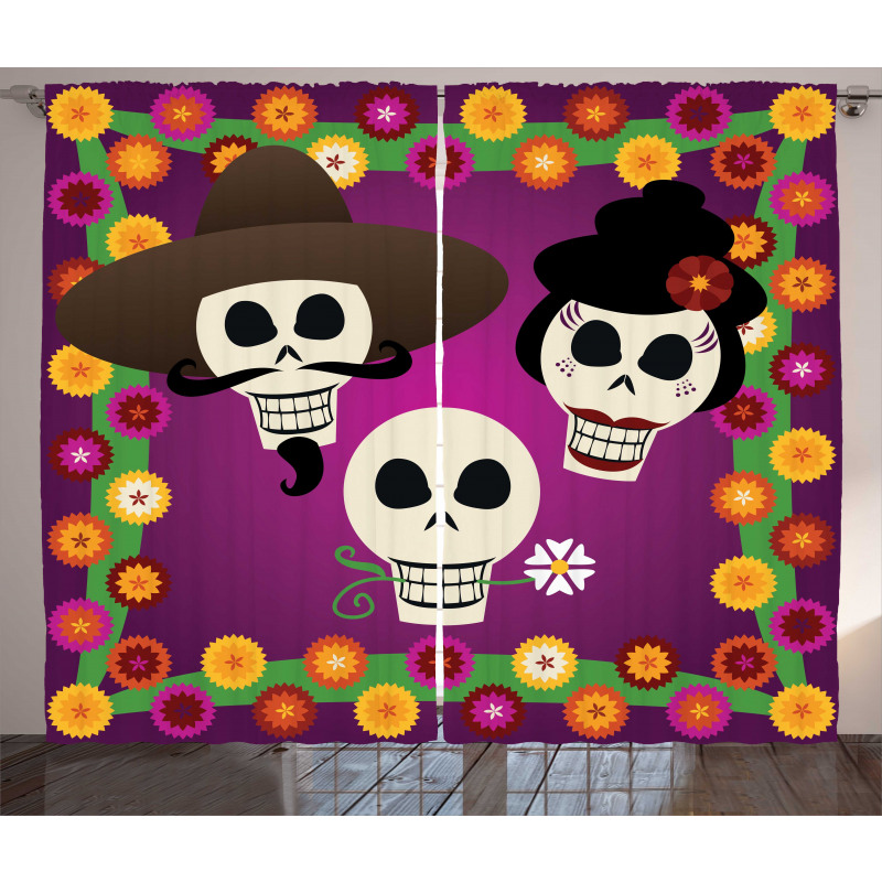 Folk Sugar Skulls Curtain