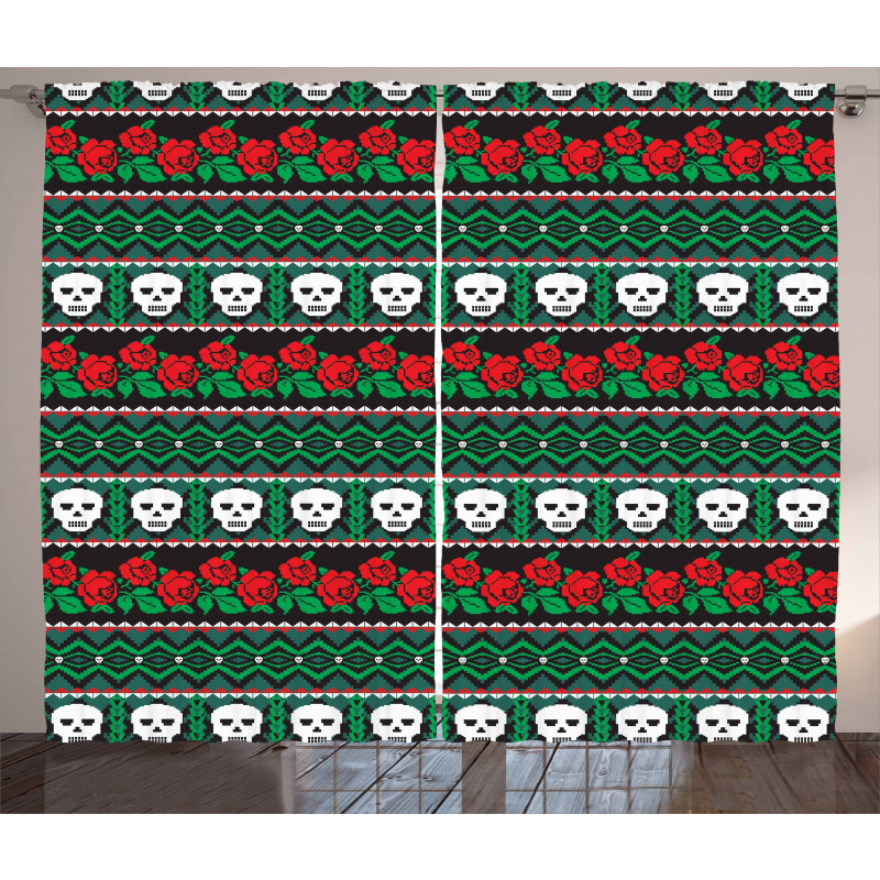 Folk Art Skulls Roses Curtain