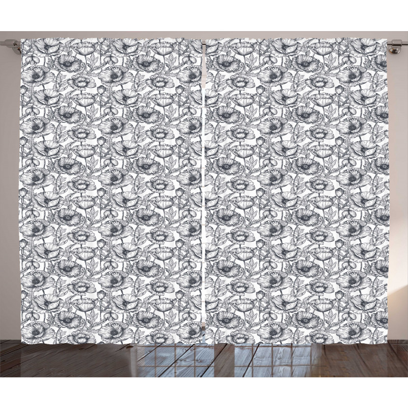 Monochrome Poppy Sketch Art Curtain