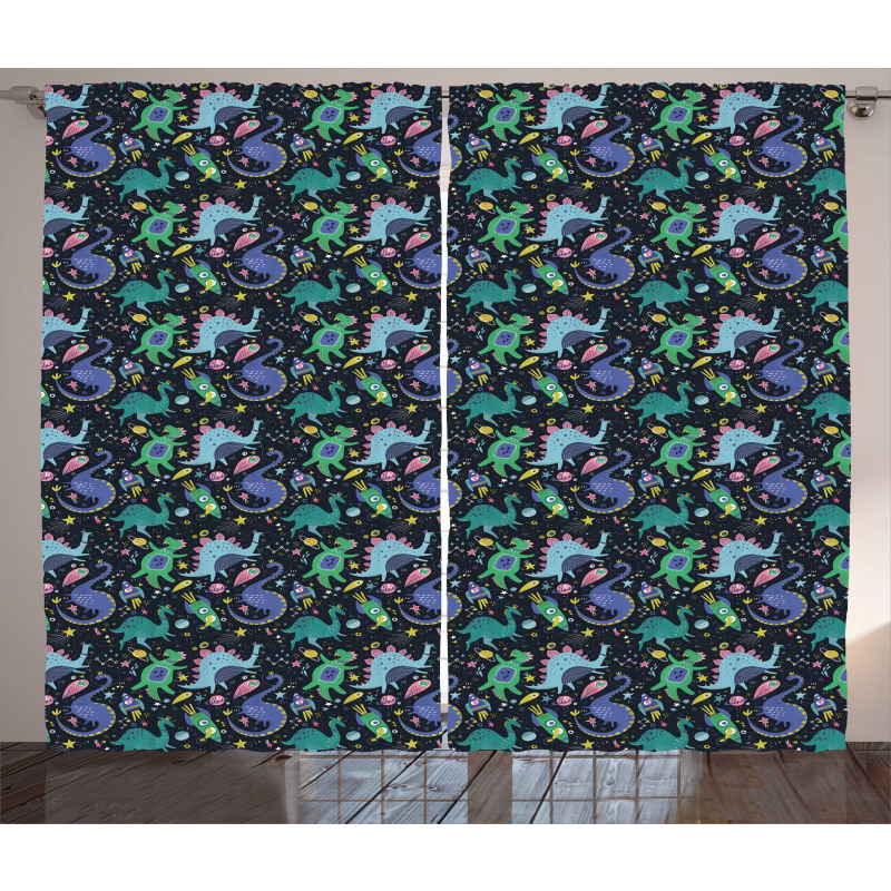 Space Themed Dinos Planets Curtain