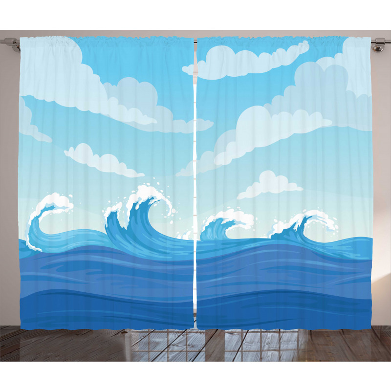 Blue Tones Ocean Illustration Curtain