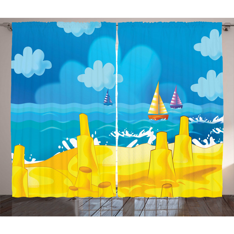 Vibrant Seaside Cartoon Scene Curtain