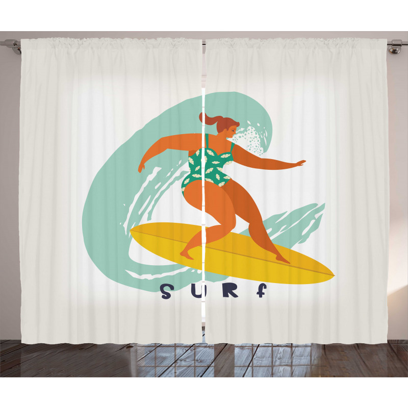 Woman Surfer on the Waves Art Curtain