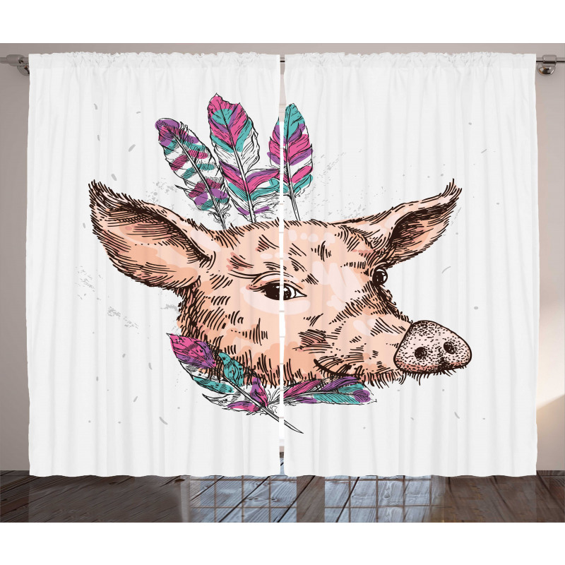 Pig Portrait Feathers Curtain