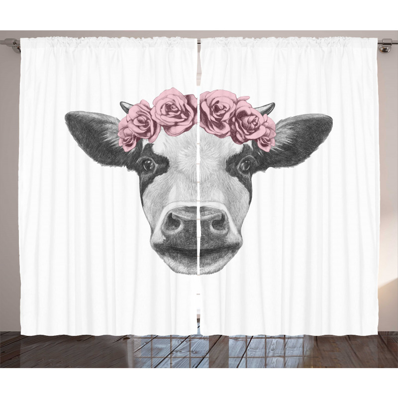 Cow with Roses Wreath Curtain