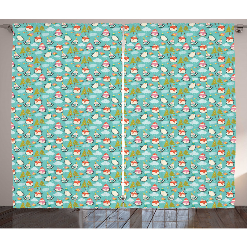 Happy Noel Penguins Gifts Curtain