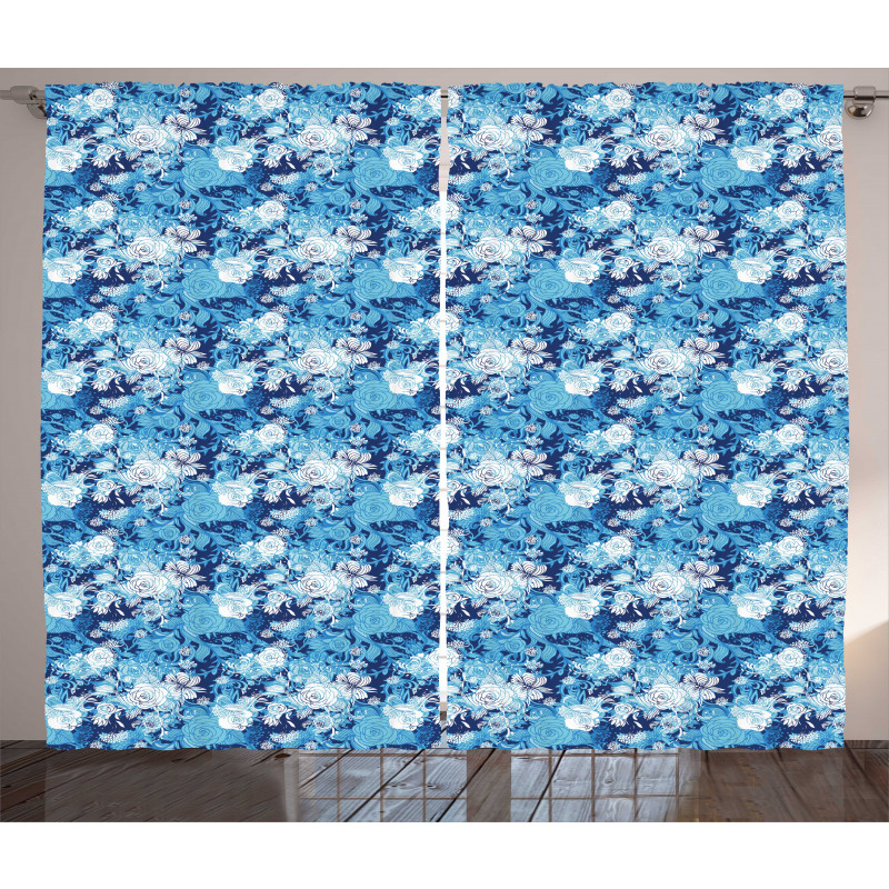 Blue Color Palette Roses Curtain