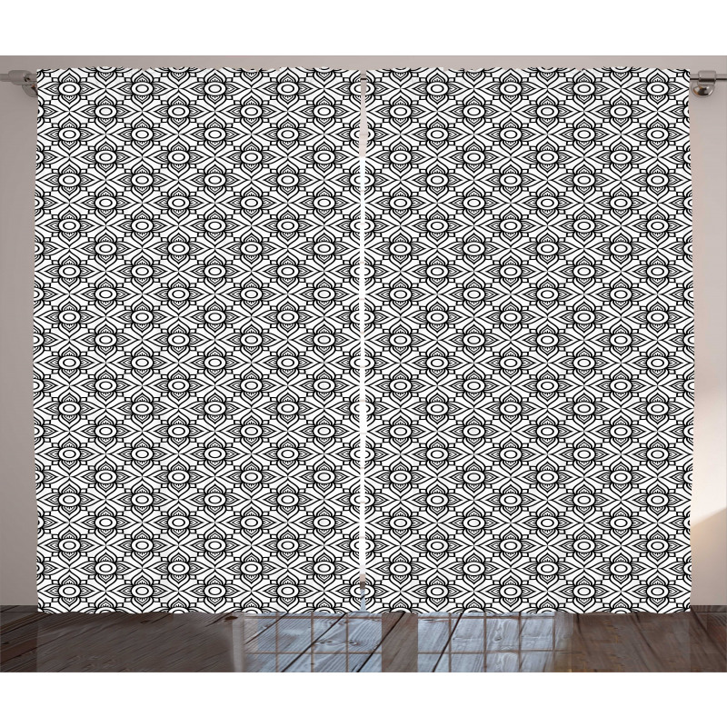 Monochrome Outline Flowers Curtain