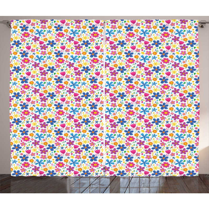 Funny Spring Cartoon Flowers Curtain