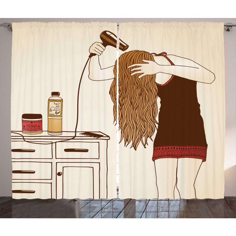 Girl Hair Care Sketch Art Curtain