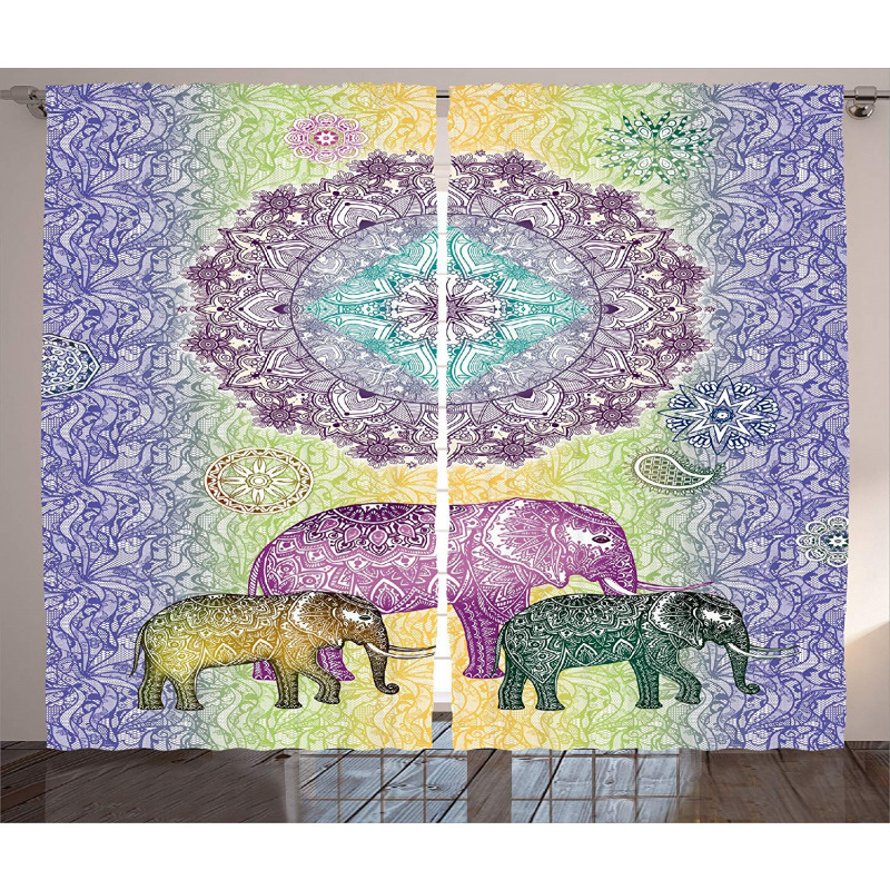 Eastern Elephants Flowers Curtain