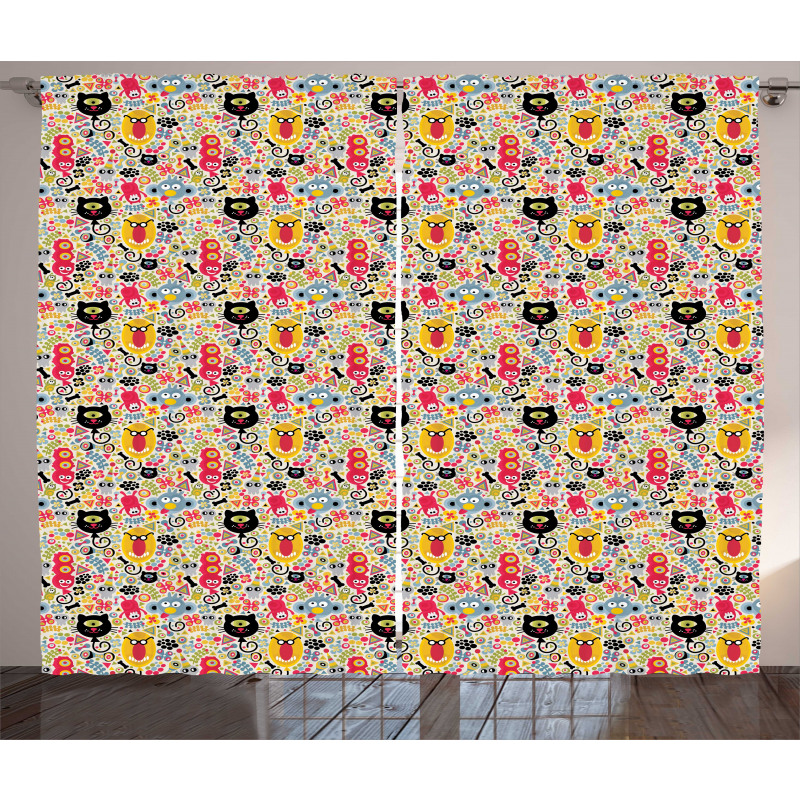 Cartoon Style Monsters Curtain