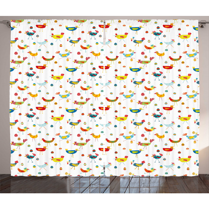 Colorful Chickens and Eggs Curtain