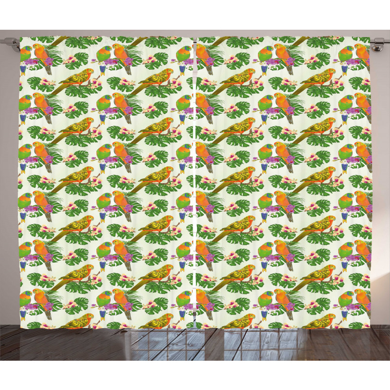 Vivid Floral Parrots Curtain