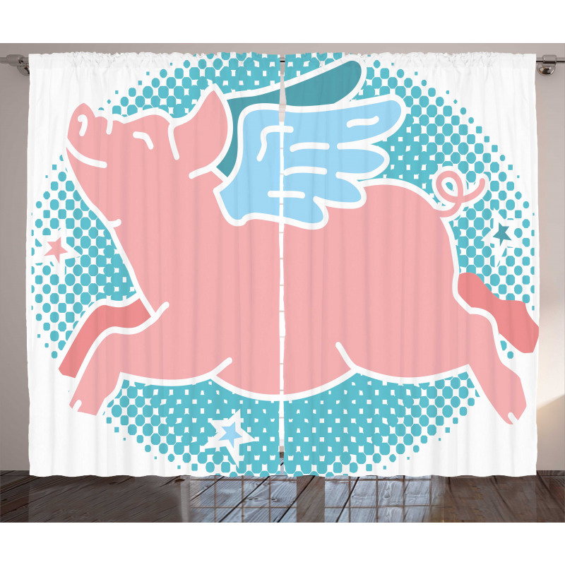 Happy Flying Pig Art Curtain