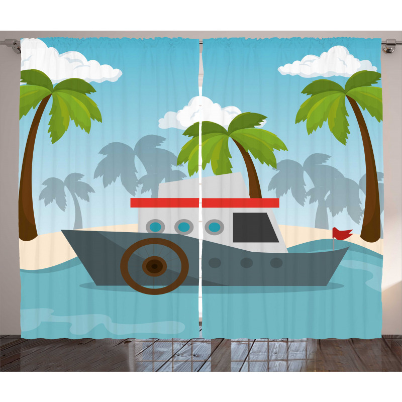 Cartoon Boat Palms Curtain