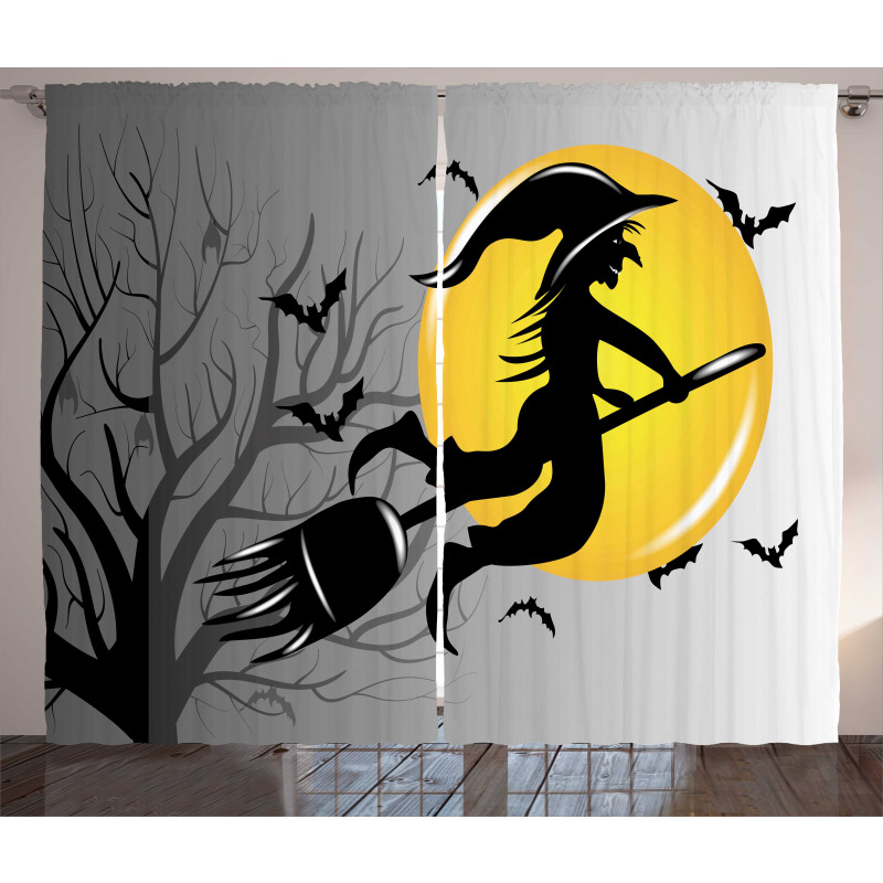 Witch Flies on Full Moon Curtain