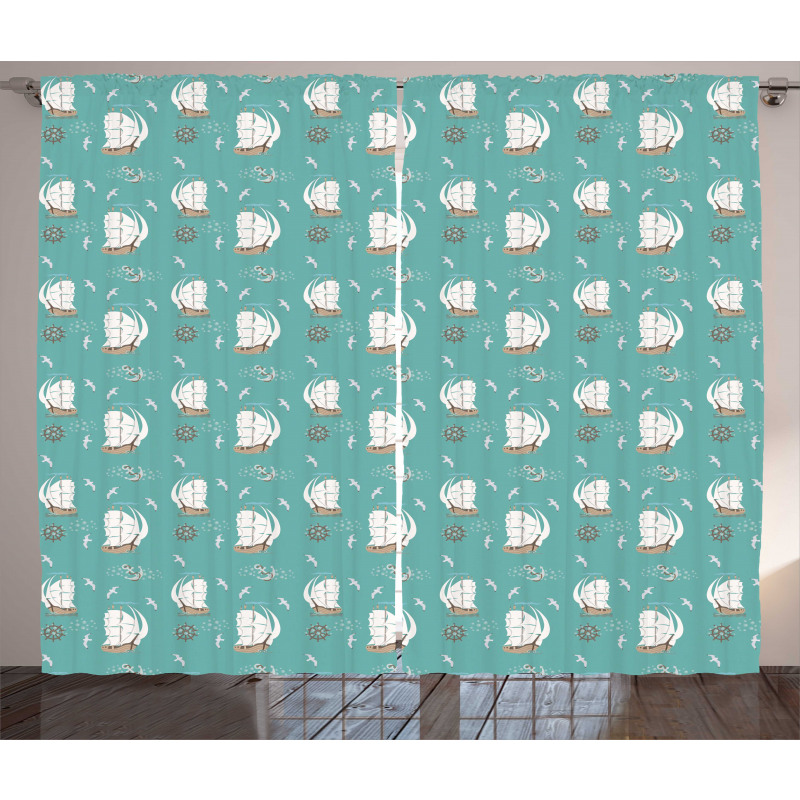 Pirate Ship Anchor Seagulls Curtain