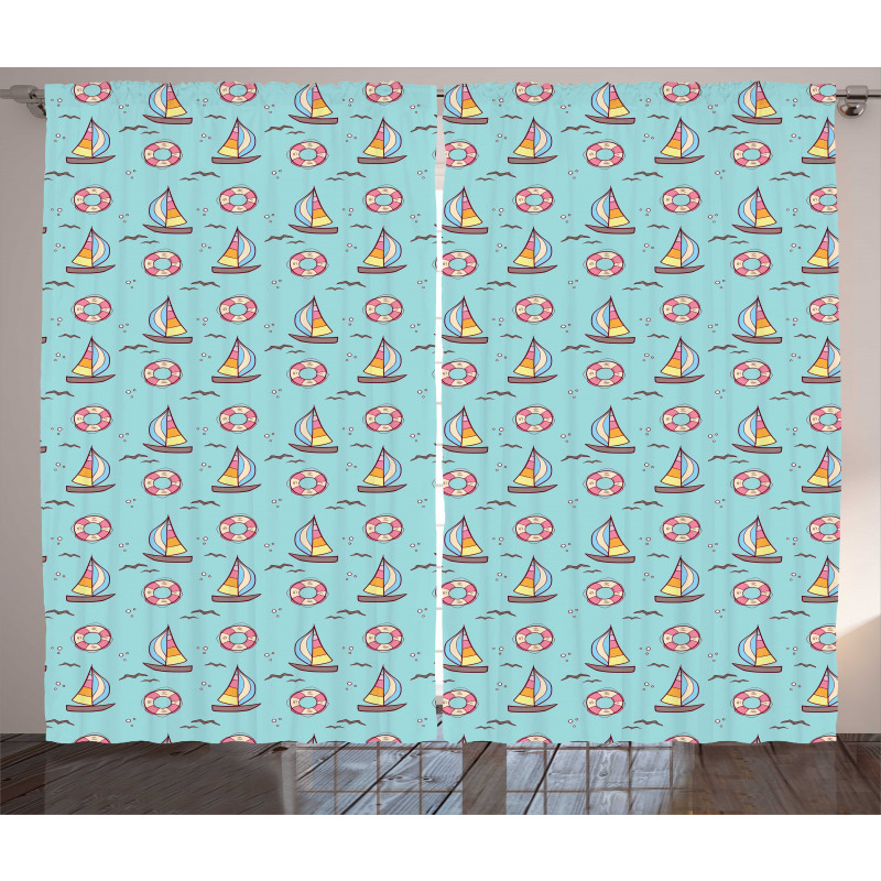 Seafoam Birds Sailboats Curtain