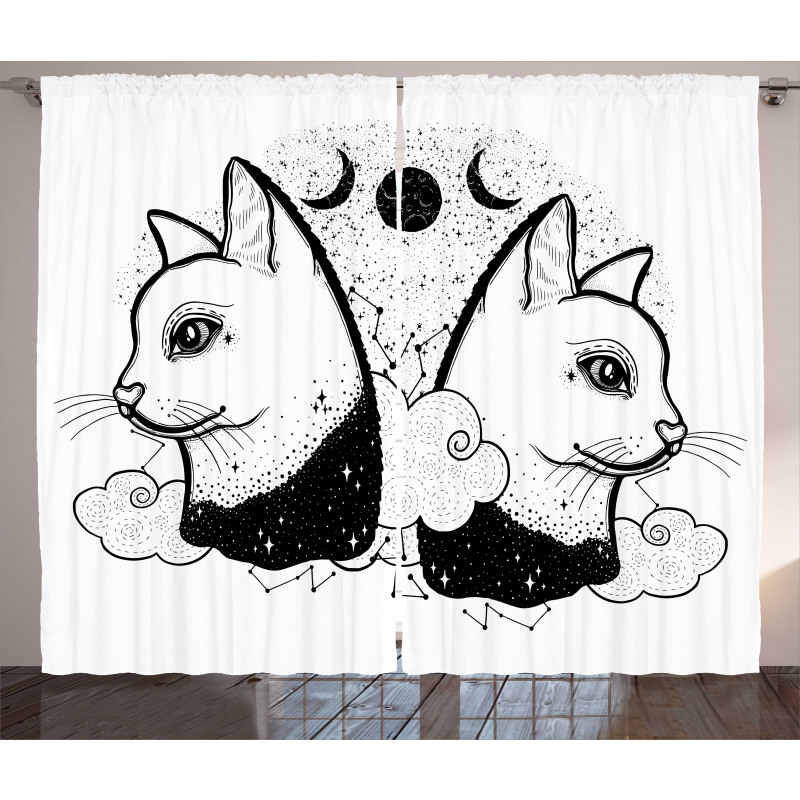 Cats with Moon Clouds Stars Curtain