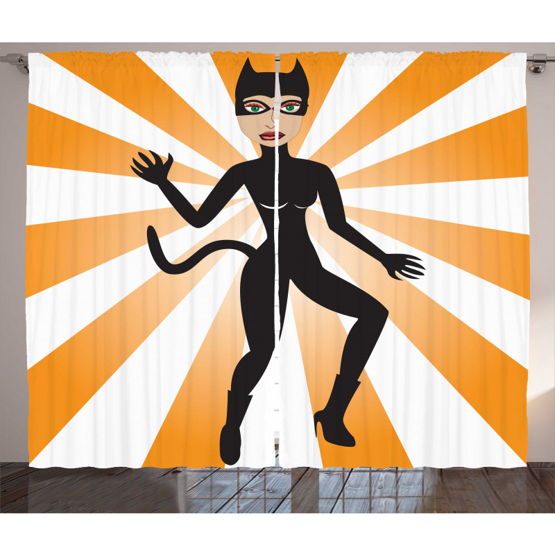 Cat Woman in Costume Rays Curtain