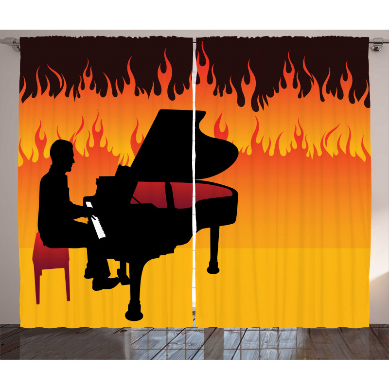 Pianist Man Playing on Flames Curtain