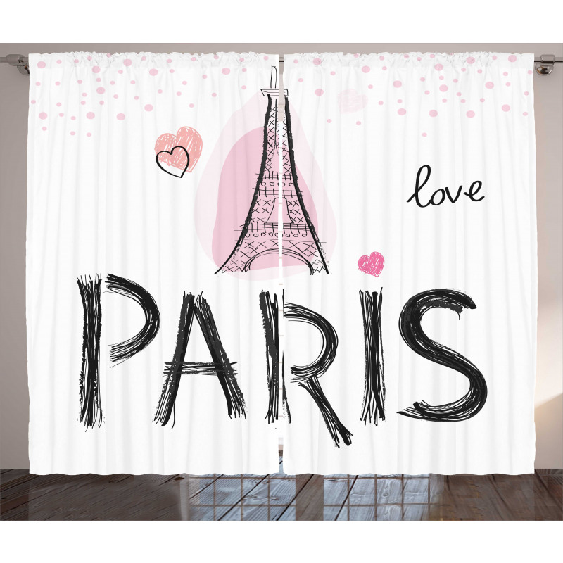 Paris Perde Romantik ve Kalpli Eyfel Kulesi Grafik Çizim