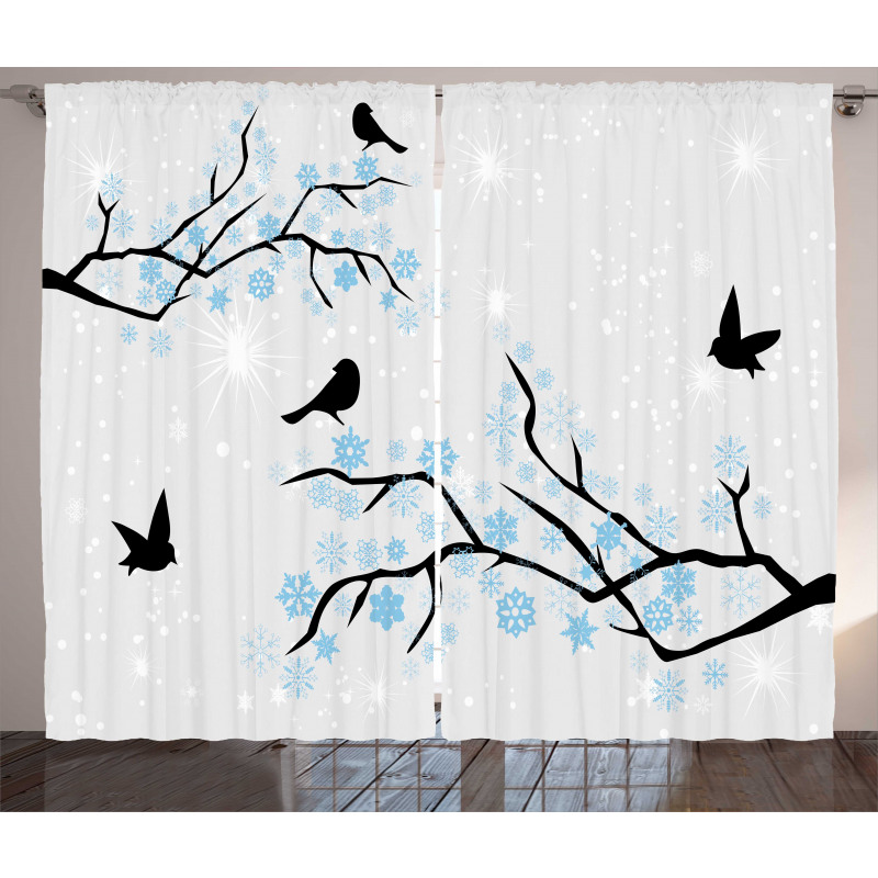 Winter Birds Stars Sky Curtain