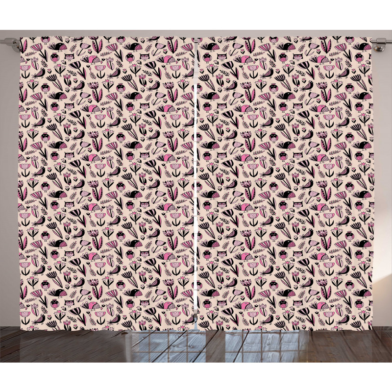 Tulips and Birds Pattern Curtain