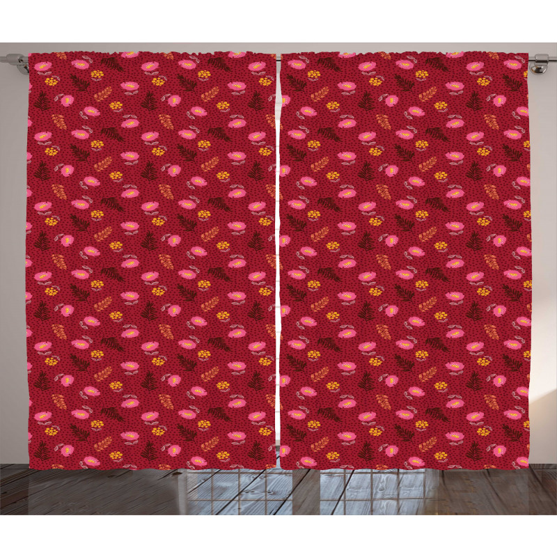 Flowers Leaves Polka Dots Curtain