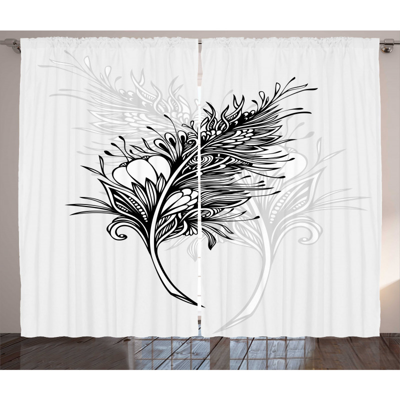 Doodle Style Plumage Boho Curtain