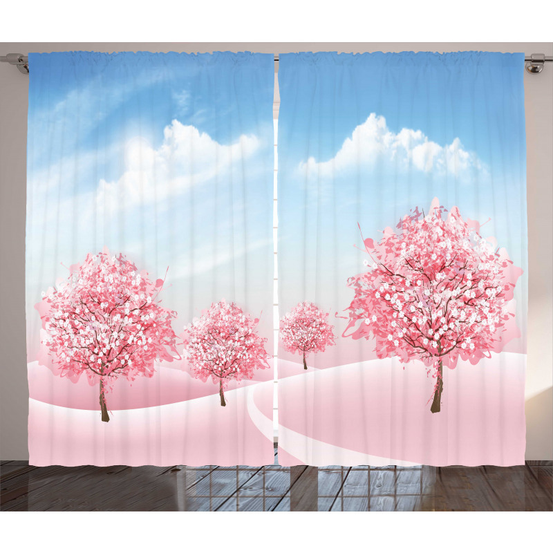 Blooming Sakura Trees Scene Curtain