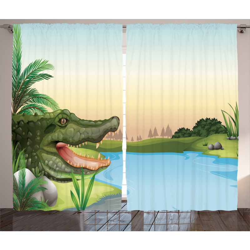 Palms Crocodiles Humor Curtain
