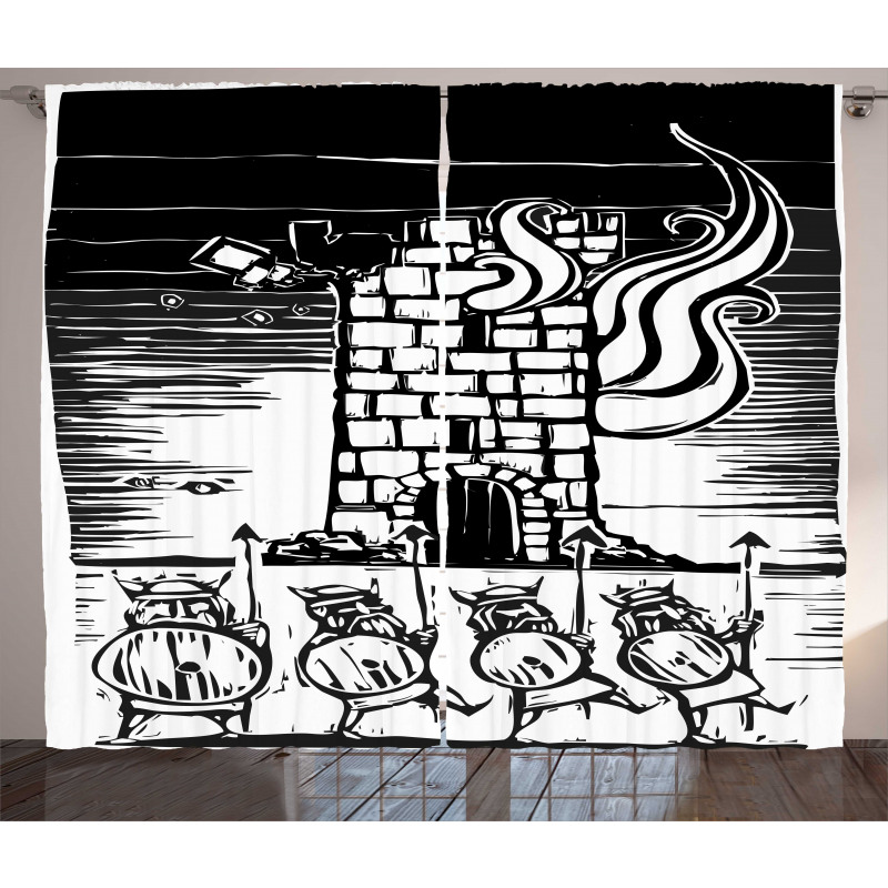 Woodcut Style Viking Tower Curtain