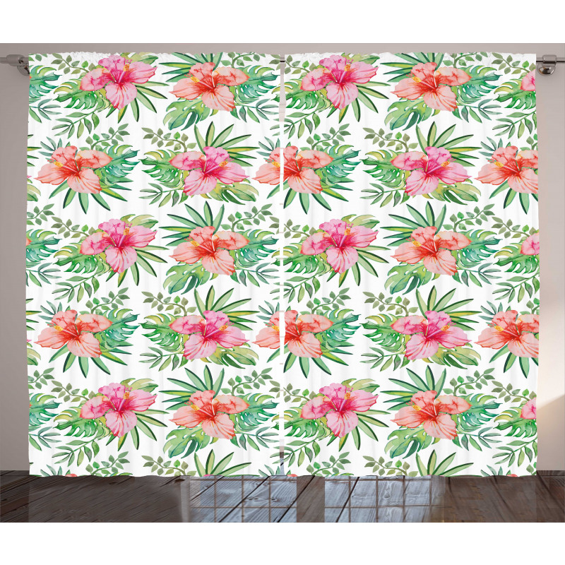 Hibiscus Monstera Palm Leaves Curtain