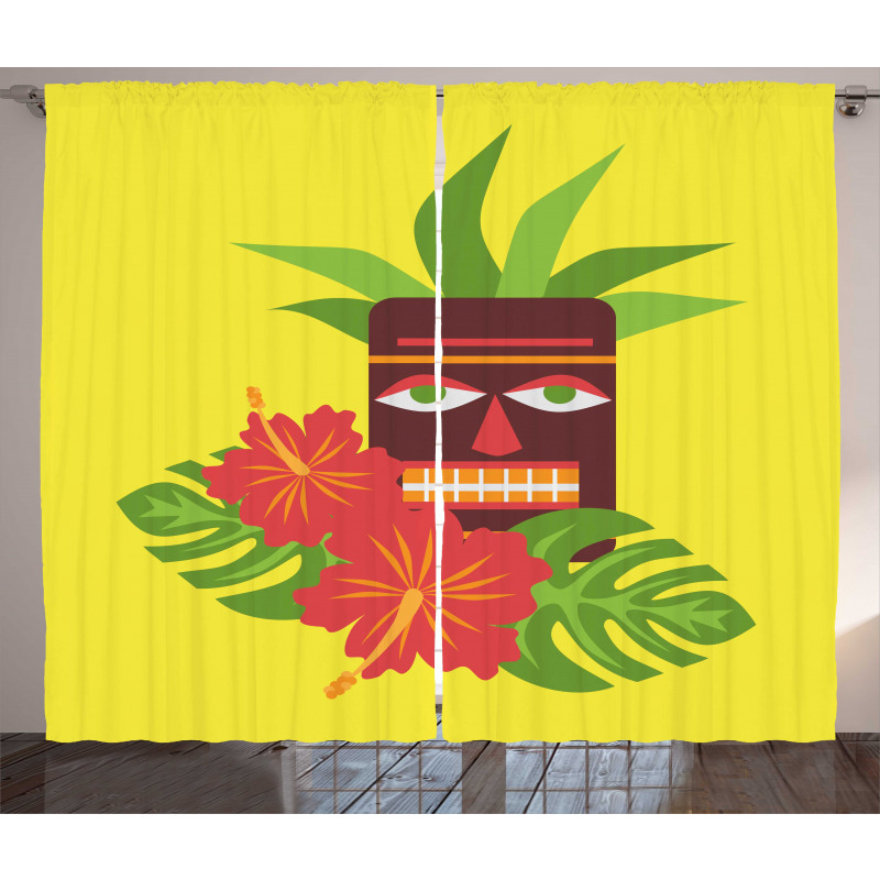 Tiki Mask and Exotic Hibiscus Curtain